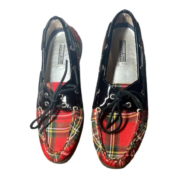 Sperry Shoes - Sperry Women's Red Multi Plaid Tartan Boat Shoes Black Patent Leather 7.5M